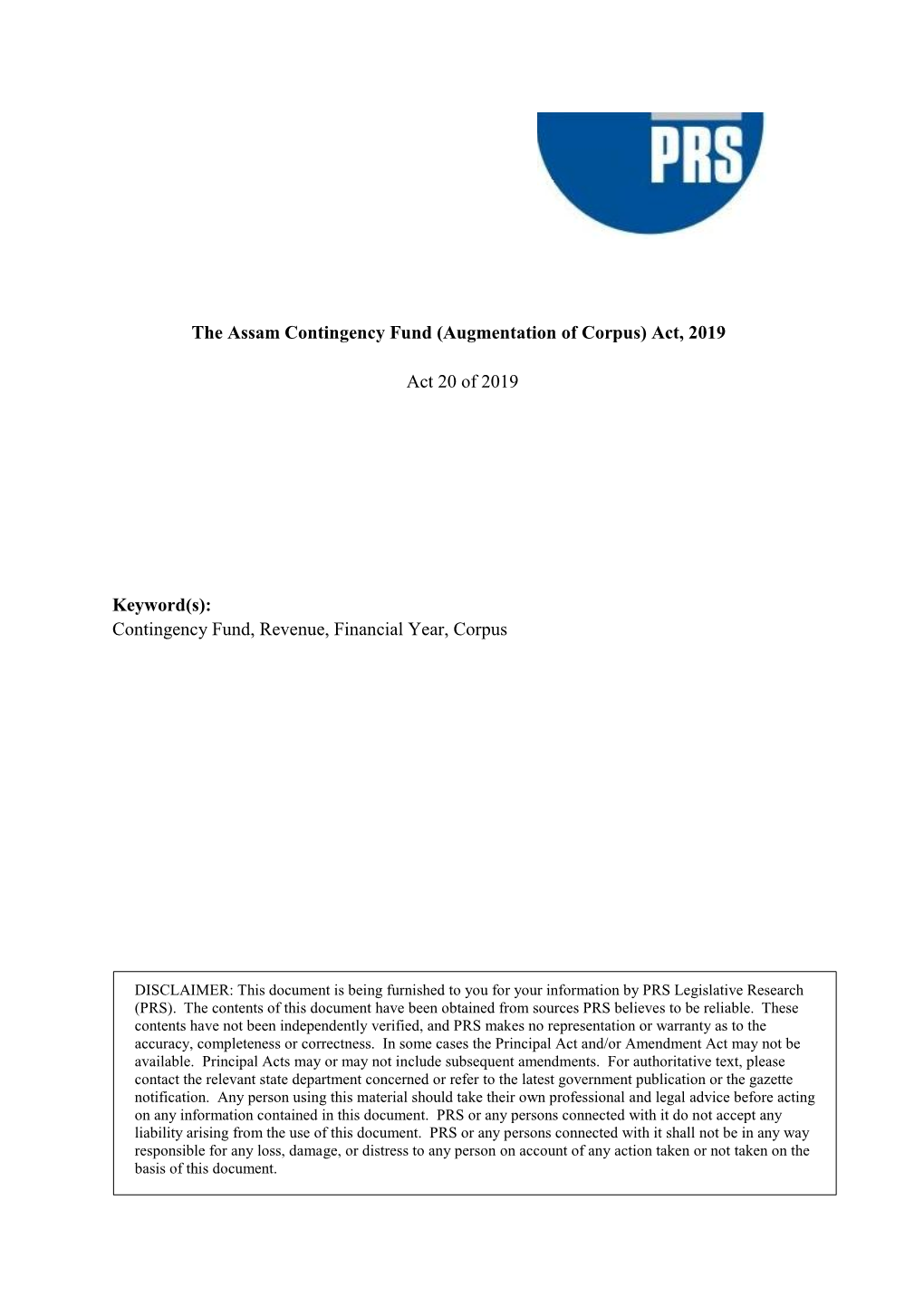 The Assam Contingency Fund (Augmentation of Corpus) Act, 2019