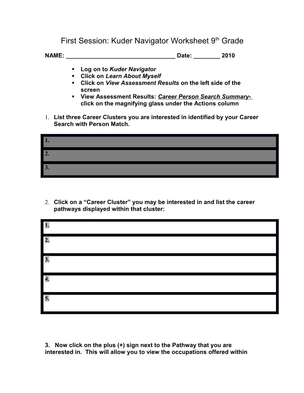 First Session: Kuder Navigator Worksheet 9Th Grade