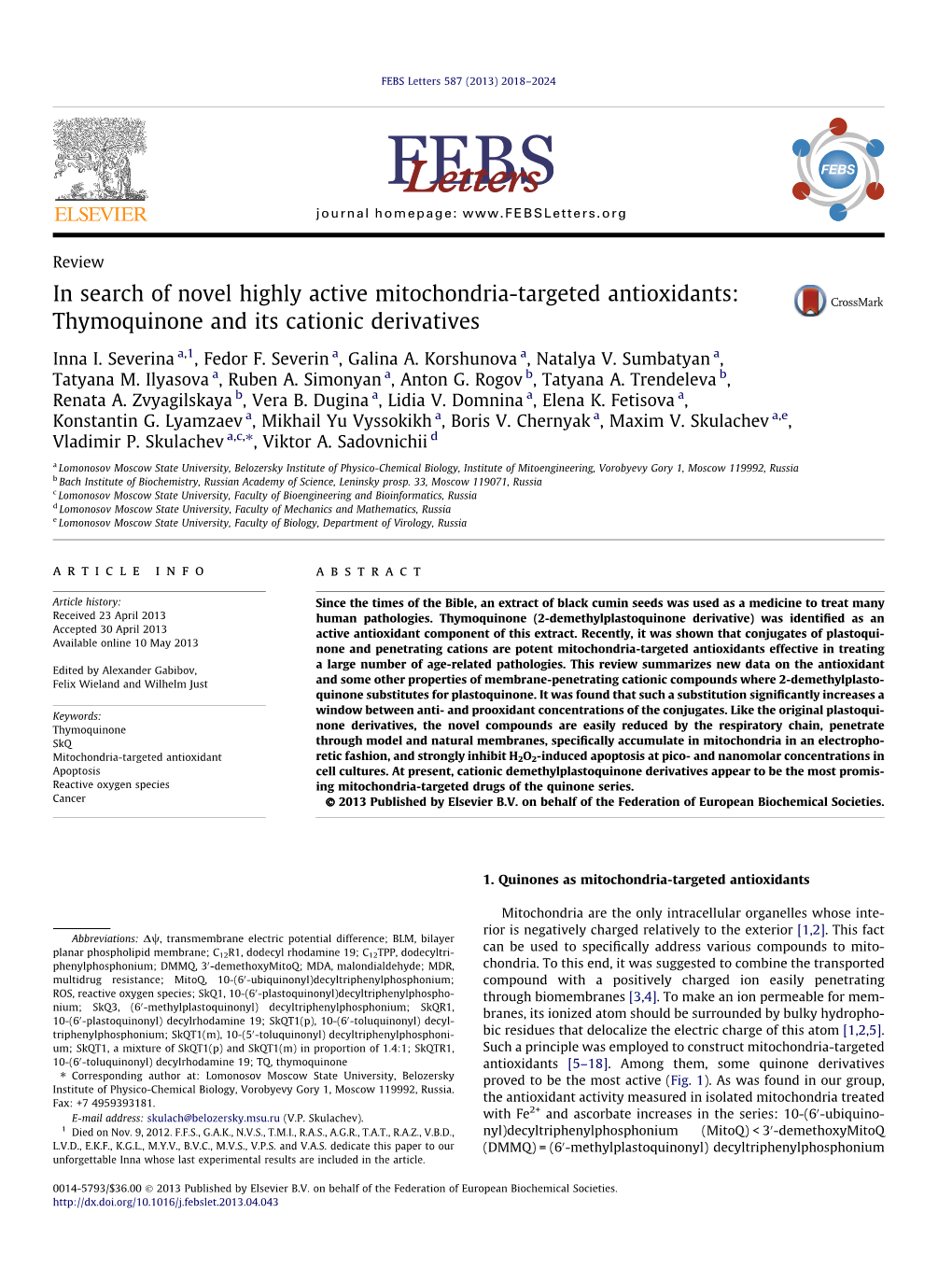 In Search of Novel Highly Active Mitochondria-Targeted Antioxidants: Thymoquinone and Its Cationic Derivatives