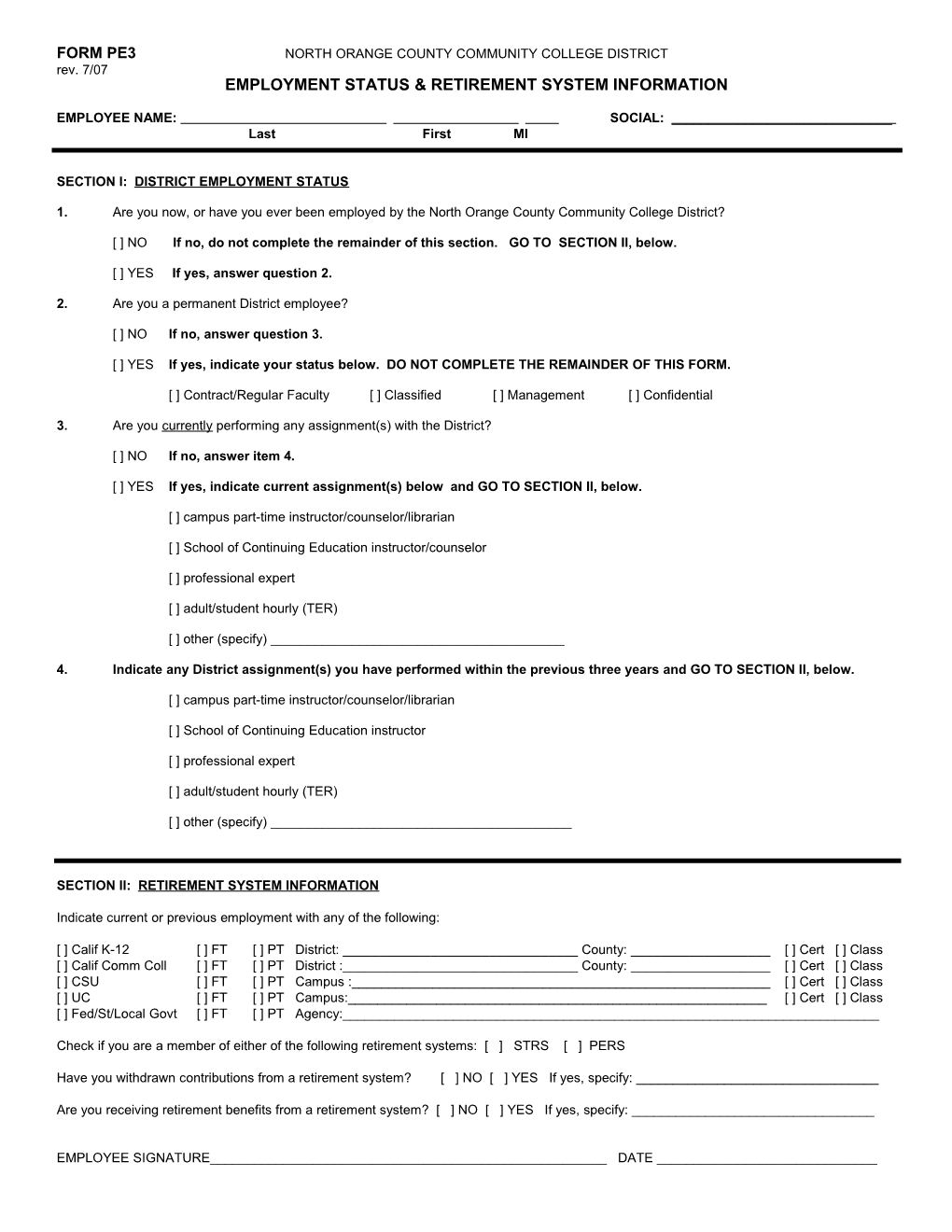 Form Pe3 North Orange County Community College District