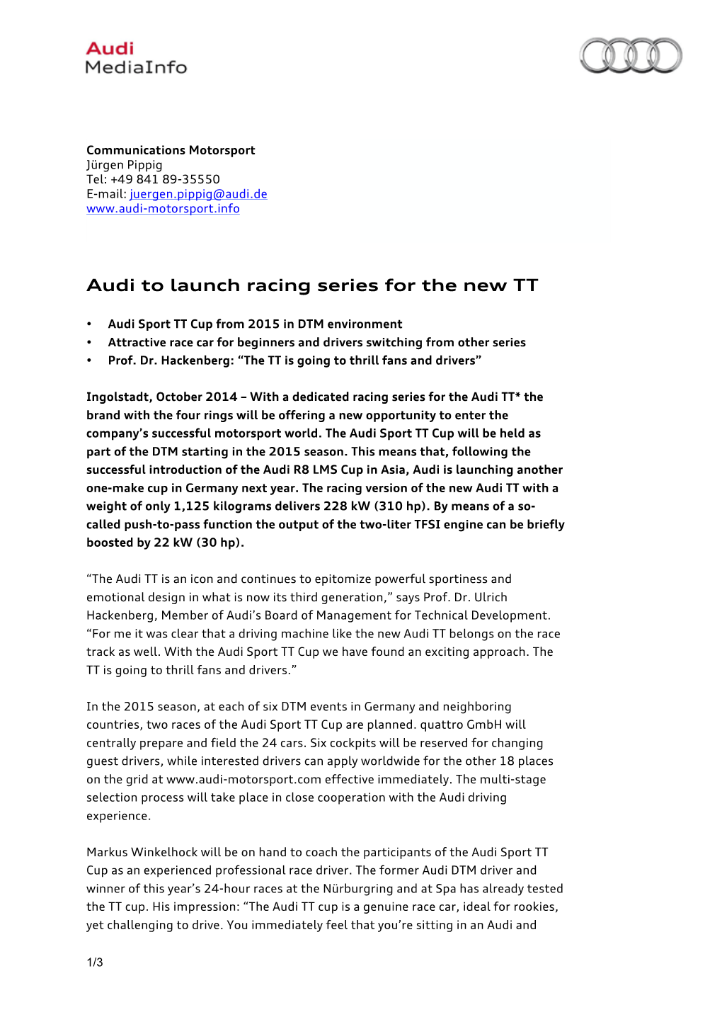 Audi to Launch Racing Series for the New TT