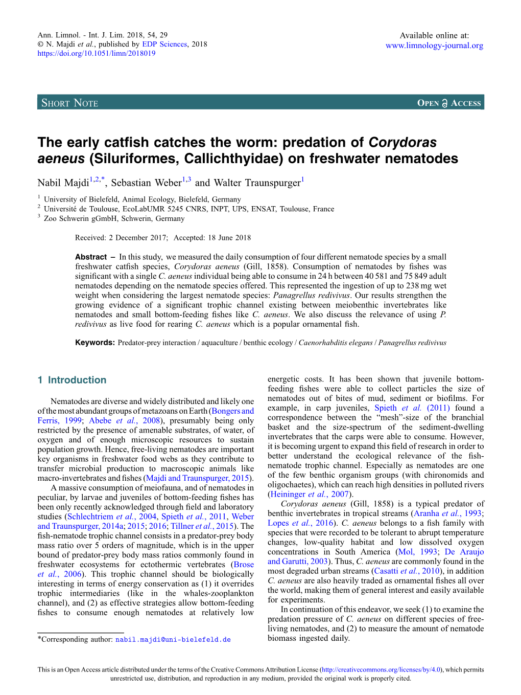 Predation of Corydoras Aeneus (Siluriformes, Callichthyidae) on Freshwater Nematodes