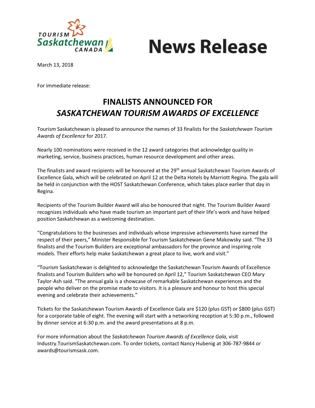 Finalists Announced for Saskatchewan Tourism Awards of Excellence