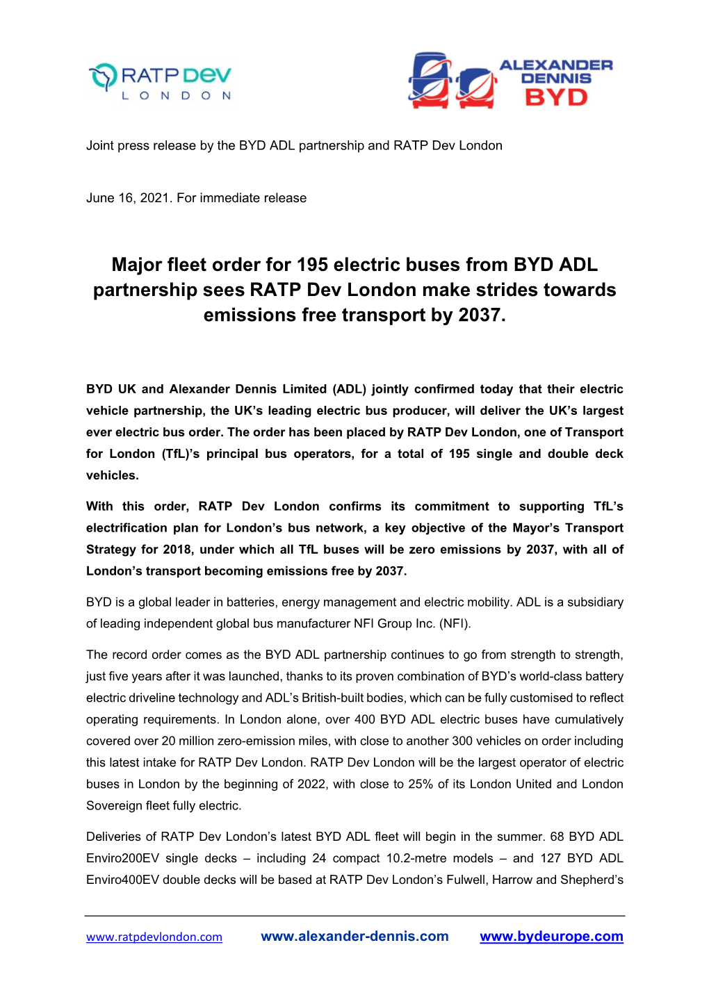 BYD ADL Partnership and RATP Dev London