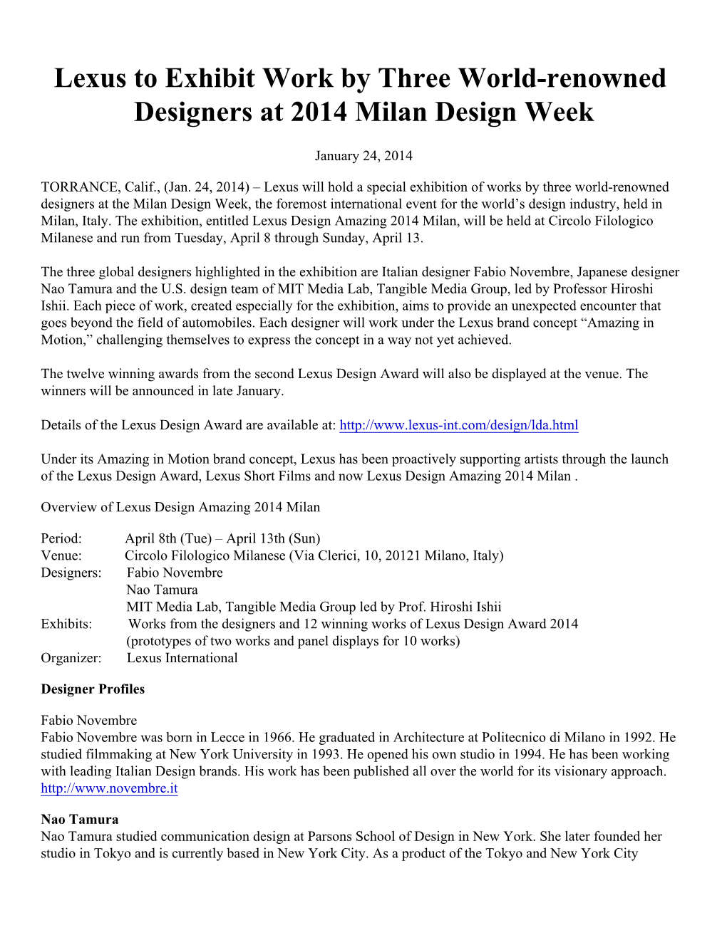 Lexus to Exhibit Work by Three World-Renowned Designers at 2014 Milan Design Week