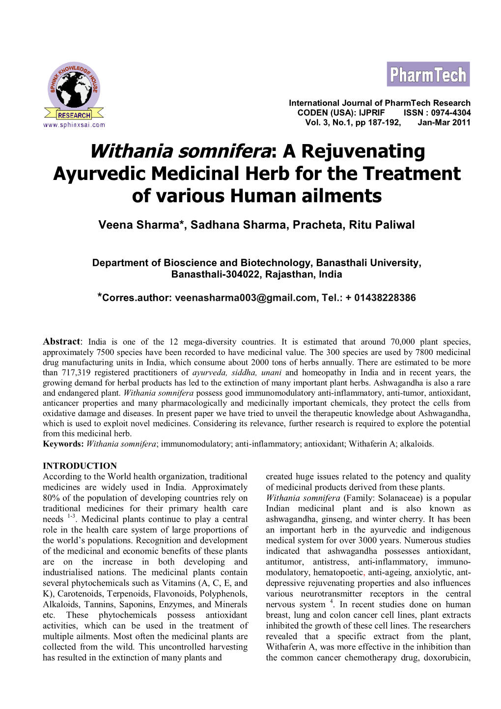 Withania Somnifera: a Rejuvenating Ayurvedic Medicinal Herb for the Treatment of Various Human Ailments