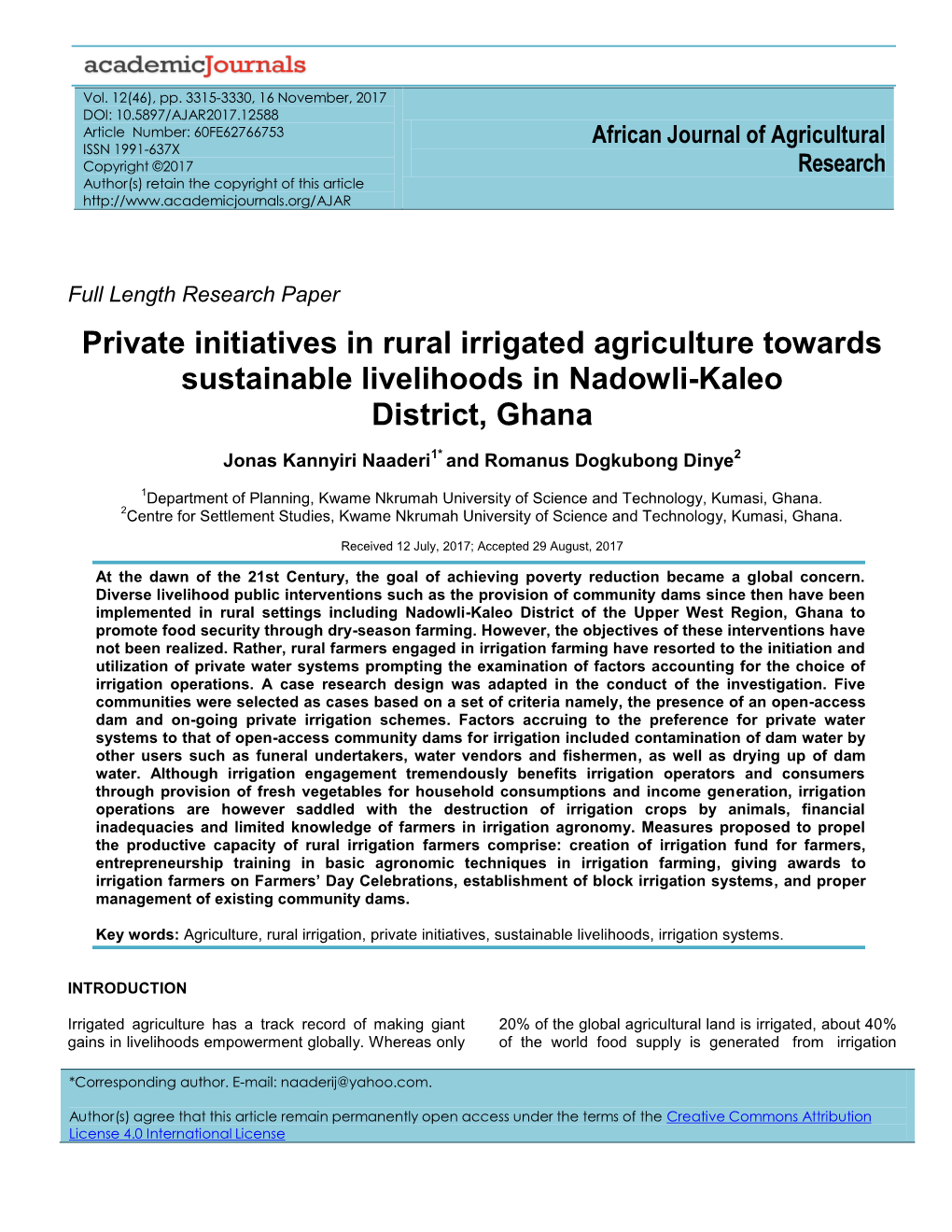 Private Initiatives in Rural Irrigated Agriculture Towards Sustainable Livelihoods in Nadowli-Kaleo District, Ghana
