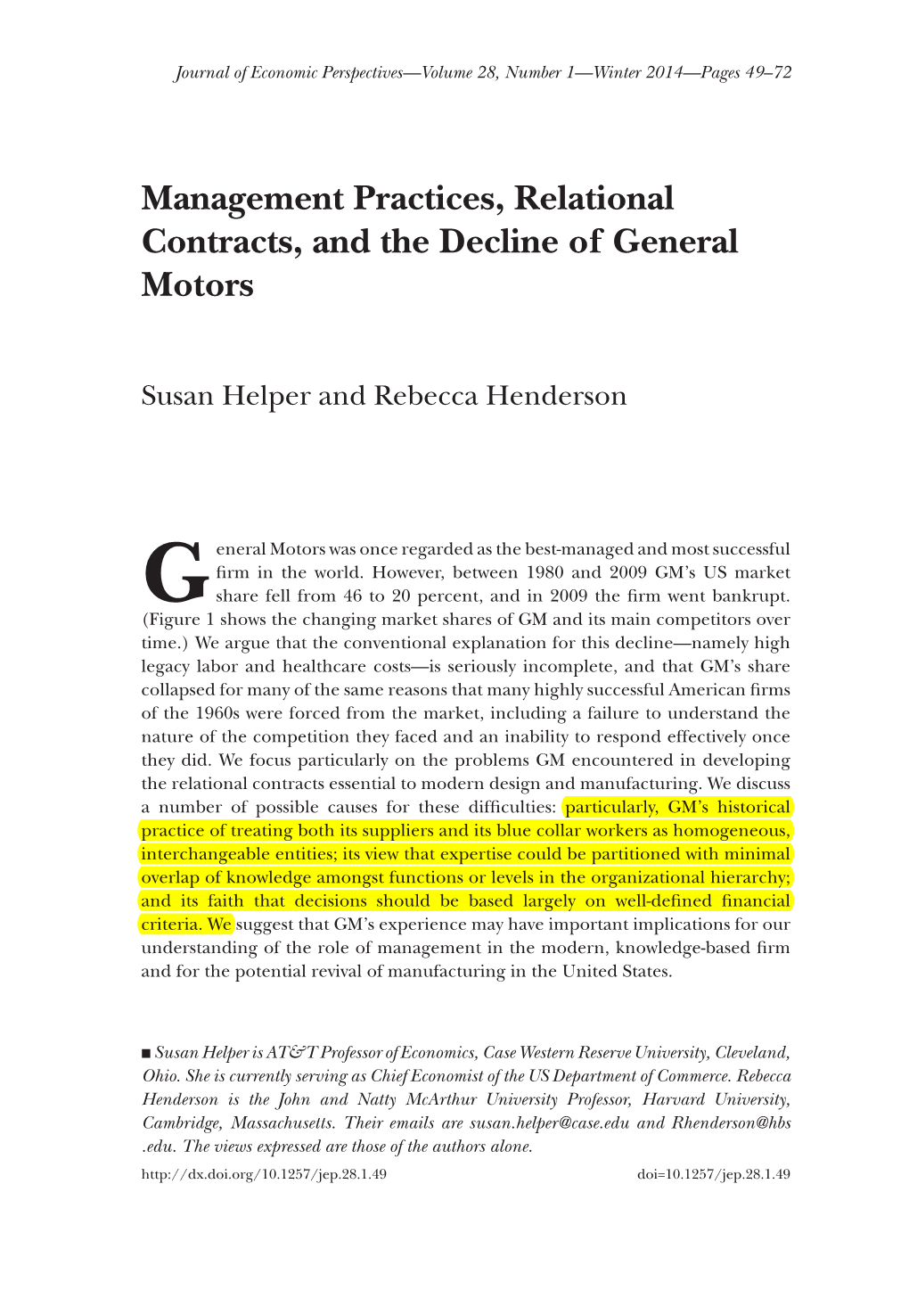 Management Practices, Relational Contracts, and the Decline of General Motors