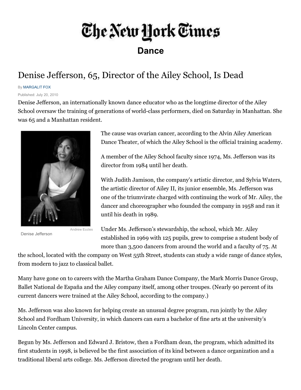 Dance Denise Jefferson, 65, Director of the Ailey School, Is Dead