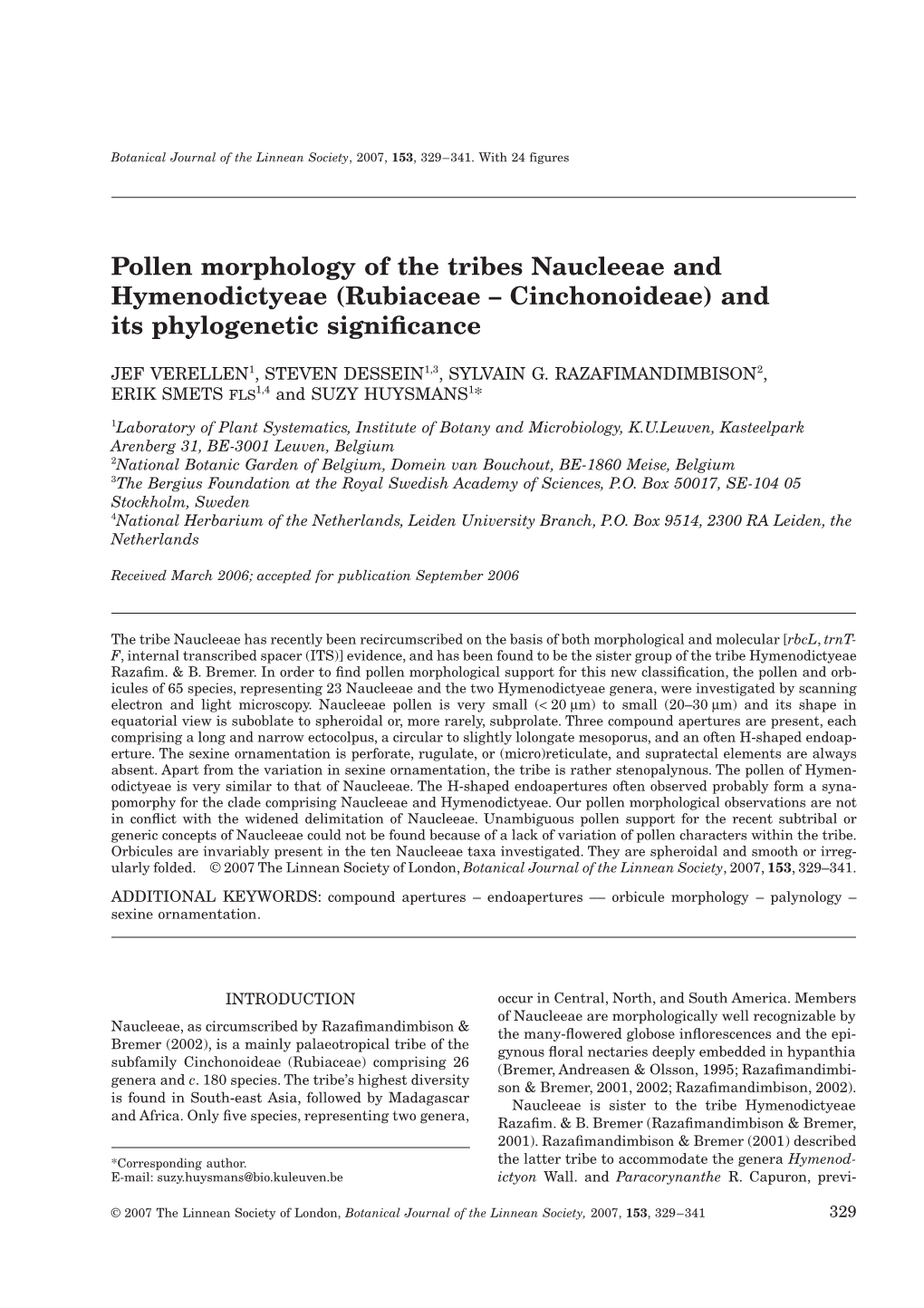 Pollen Morphology of the Tribes Naucleeae and Hymenodictyeae (Rubiaceae – Cinchonoideae) and Its Phylogenetic Signiﬁcance