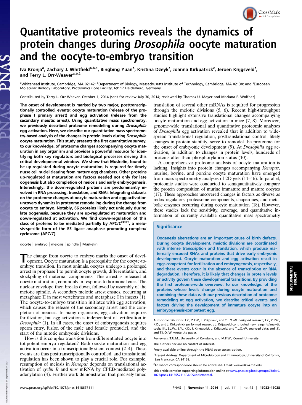Quantitative Proteomics Reveals the Dynamics of Protein Changes During Drosophila Oocyte Maturation and the Oocyte-To-Embryo Transition