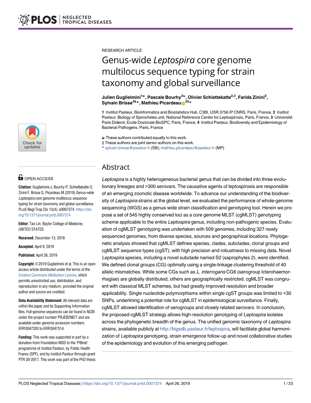 Genus-Wide Leptospira Core Genome Multilocus Sequence Typing for Strain Taxonomy and Global Surveillance