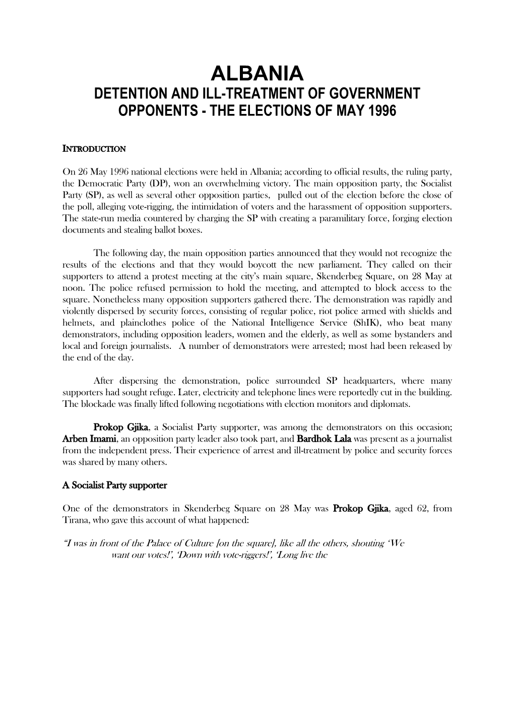 Albania Detention and Ill-Treatment of Government Opponents - the Elections of May 1996