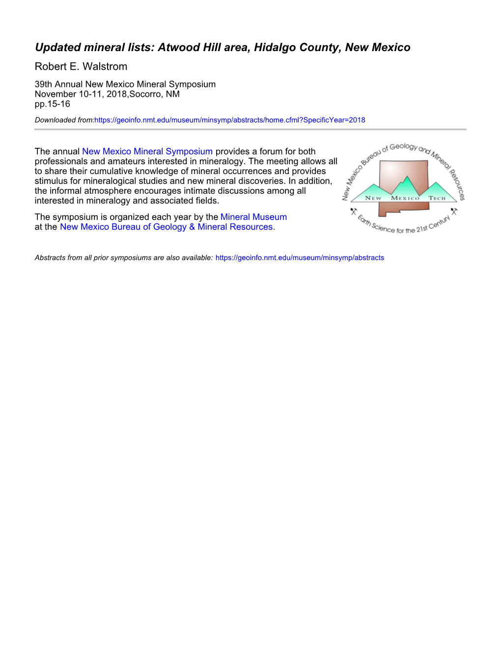 Updated Mineral Lists: Atwood Hill Area, Hidalgo County, New Mexico Robert E