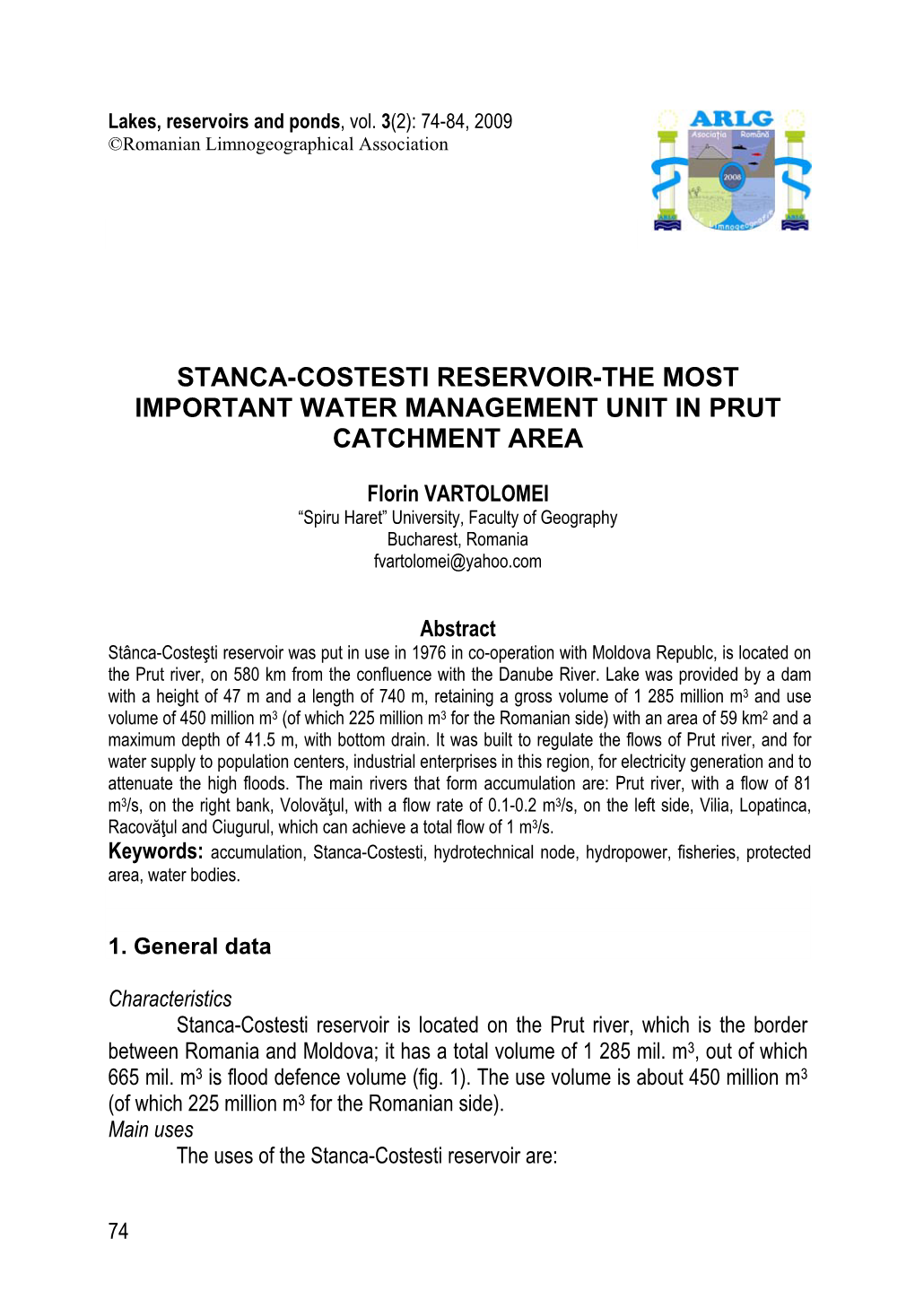 Stanca-Costesti Reservoir-The Most Important Water Management Unit in Prut Catchment Area