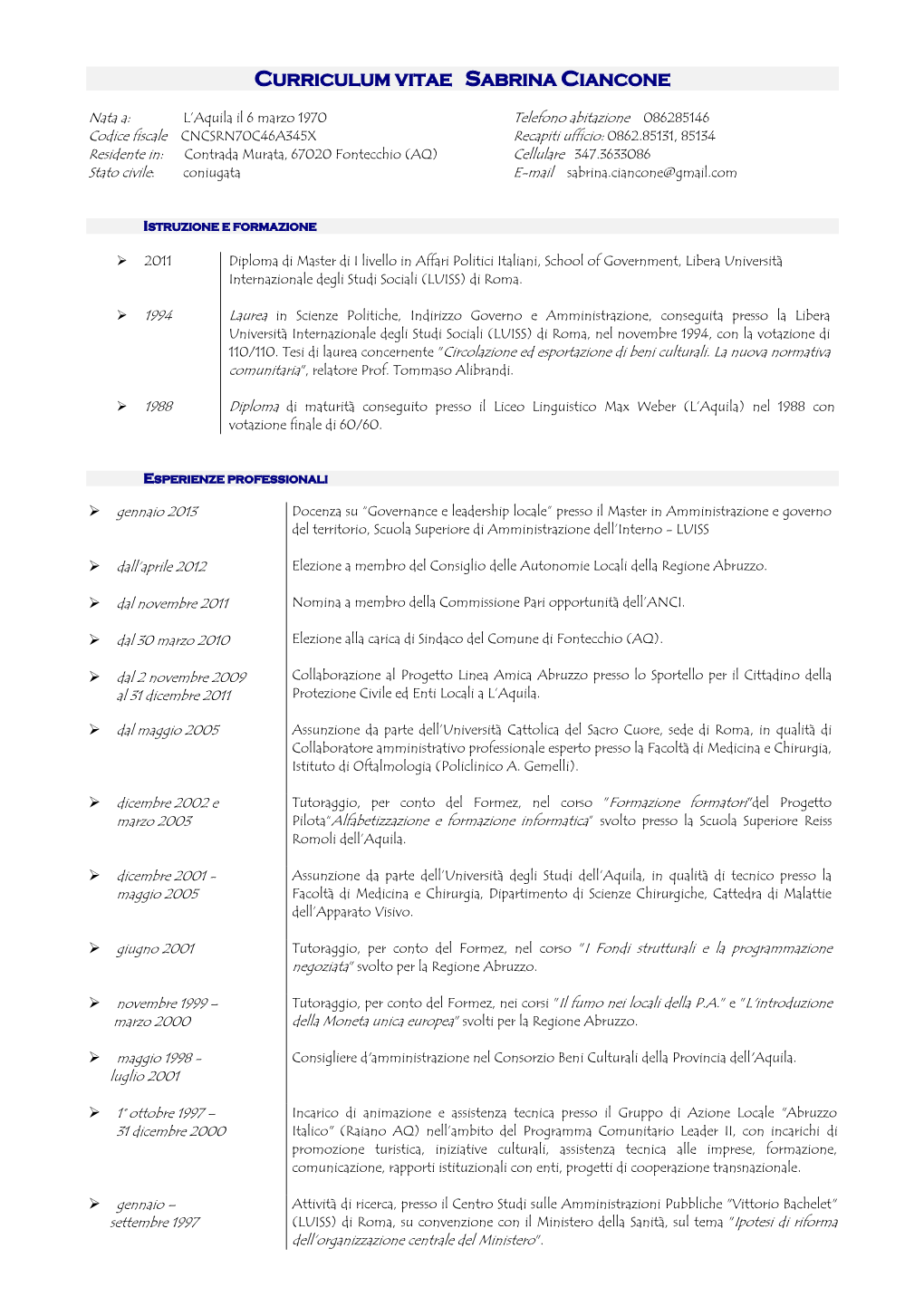 Curriculum Vitae Sabrina Ciancone