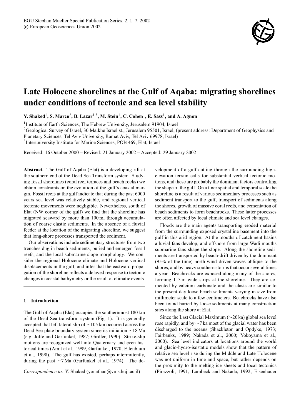 Late Holocene Shorelines at the Gulf of Aqaba: Migrating Shorelines Under Conditions of Tectonic and Sea Level Stability