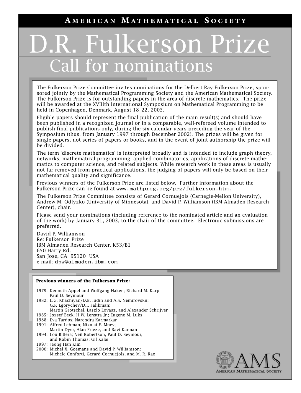 Call for Nominations for D. R. Fulkerson Prize