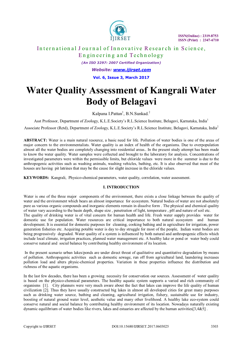 Water Quality Assessment of Kangrali Water Body of Belagavi