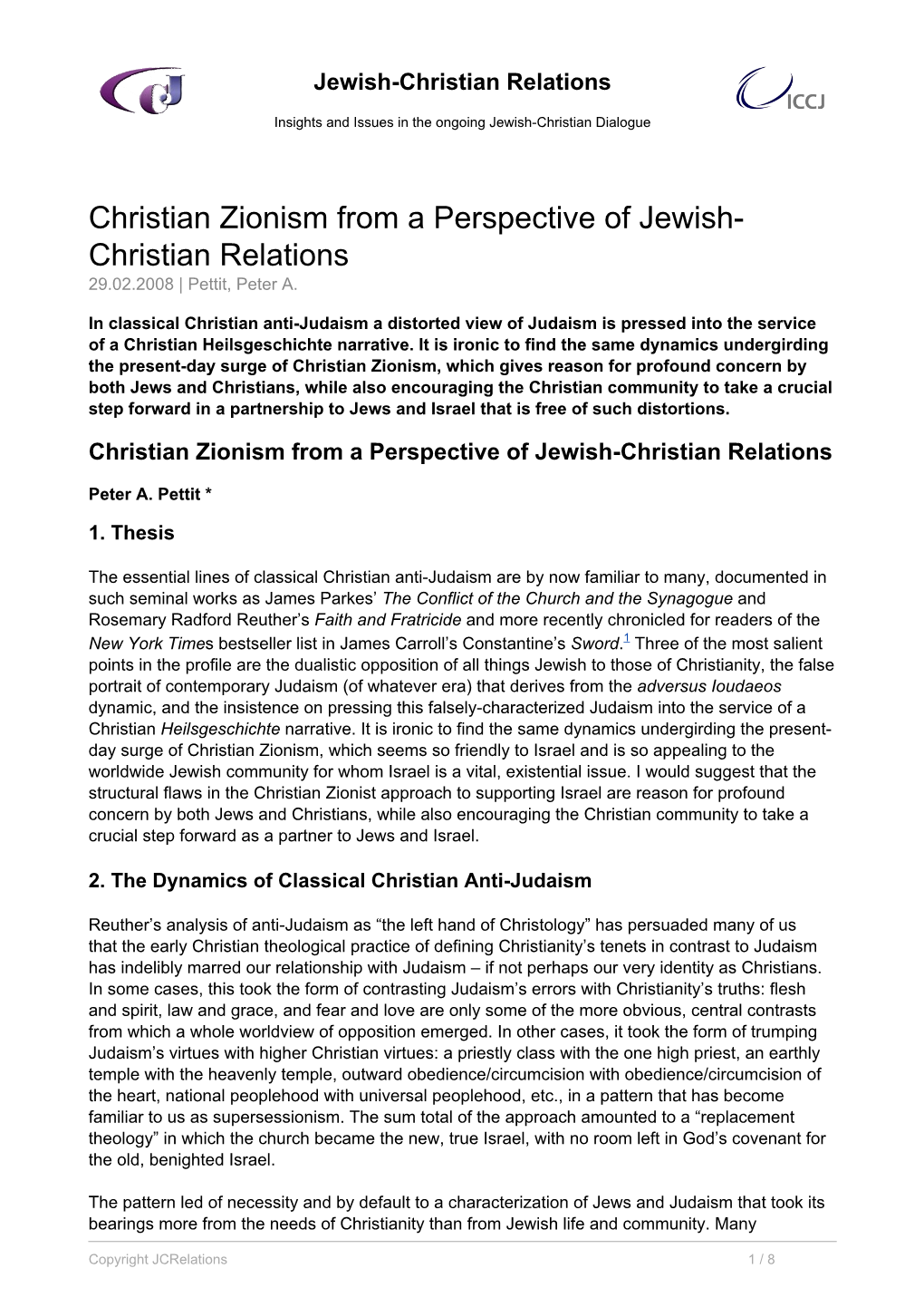 Christian Zionism from a Perspective of Jewish-Christian Relations