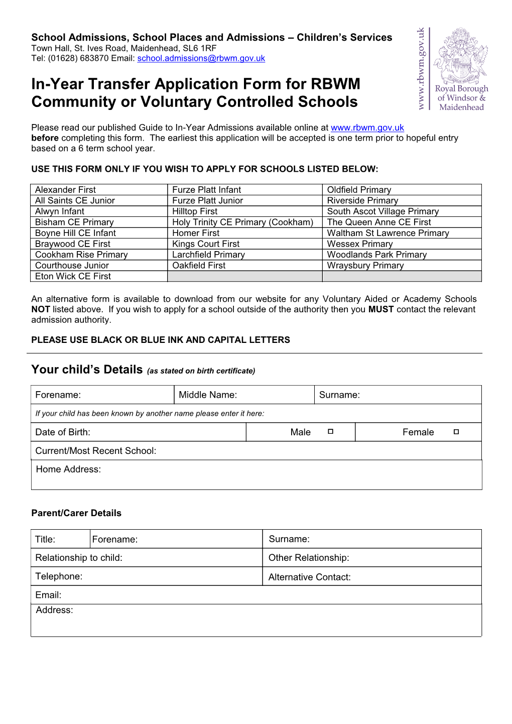 In-Year Transfer Application Form for RBWM Community Or Voluntary Controlled Schools