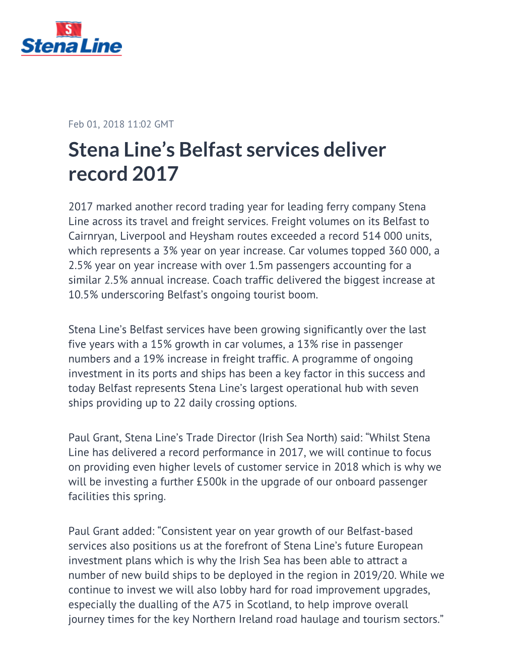 Stena Line's Belfast Services Deliver Record 2017