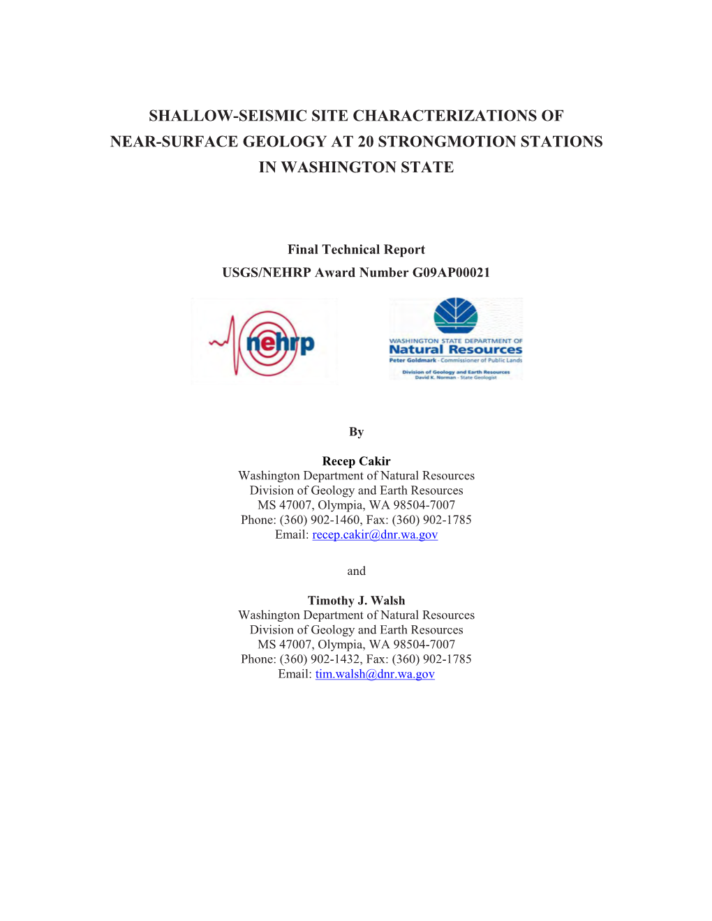 Shallow-Seismic Site Characterizations of Near-Surface Geology at 20 Strongmotion Stations in Washington State