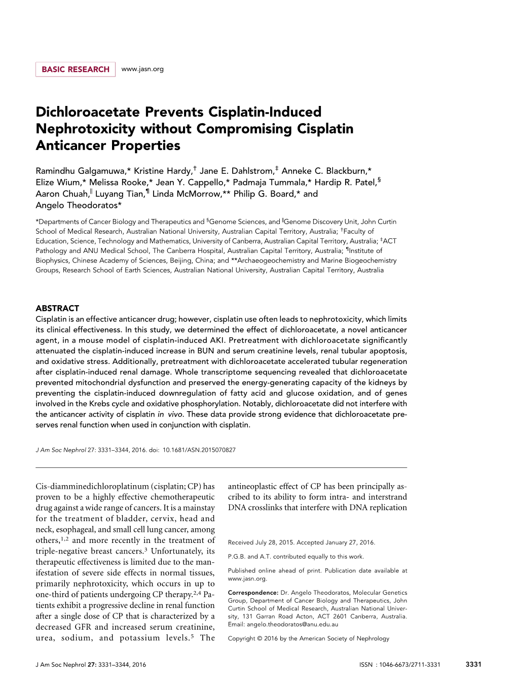 Dichloroacetate Prevents Cisplatin-Induced Nephrotoxicity Without Compromising Cisplatin Anticancer Properties