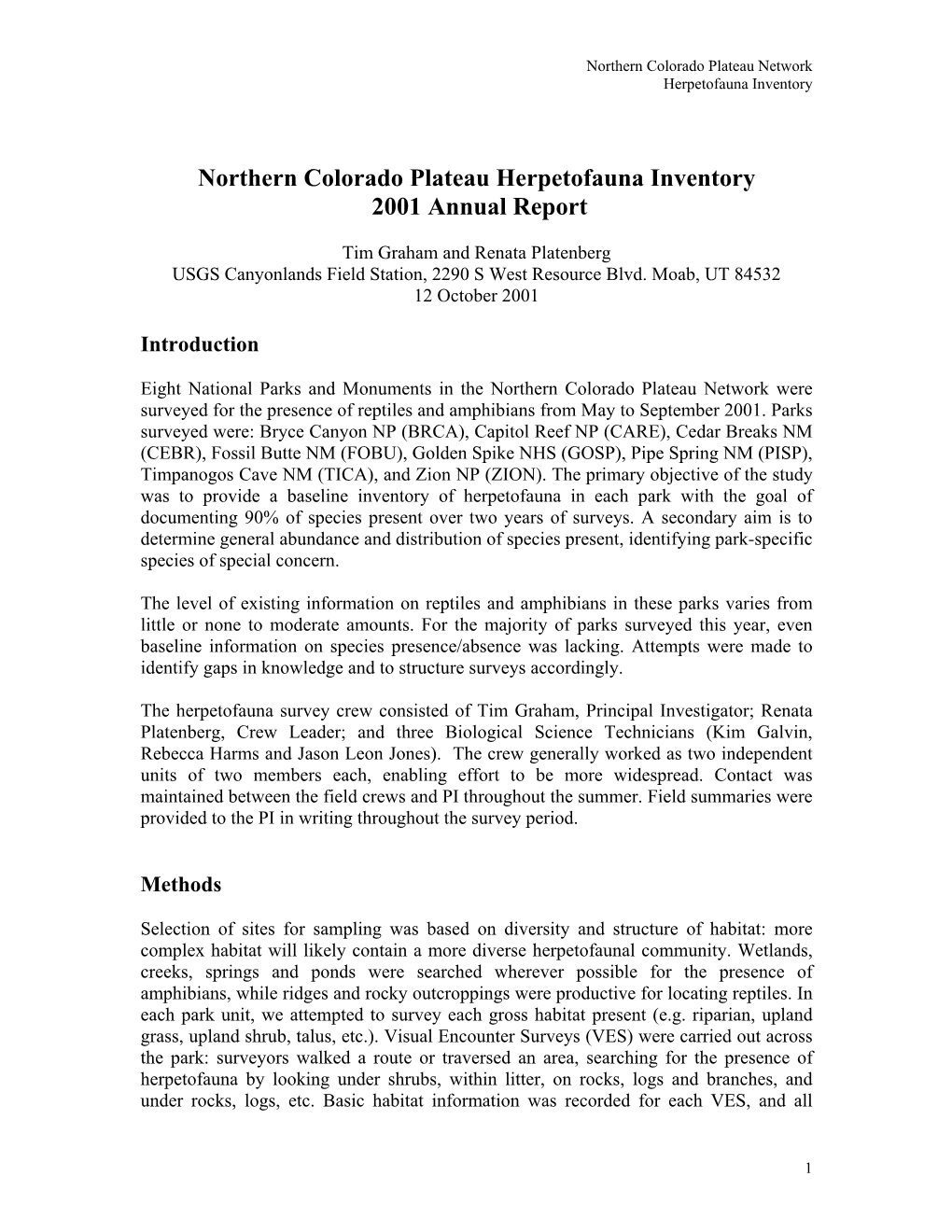 Northern Colorado Plateau Herpetofauna Inventory 2001 Annual Report