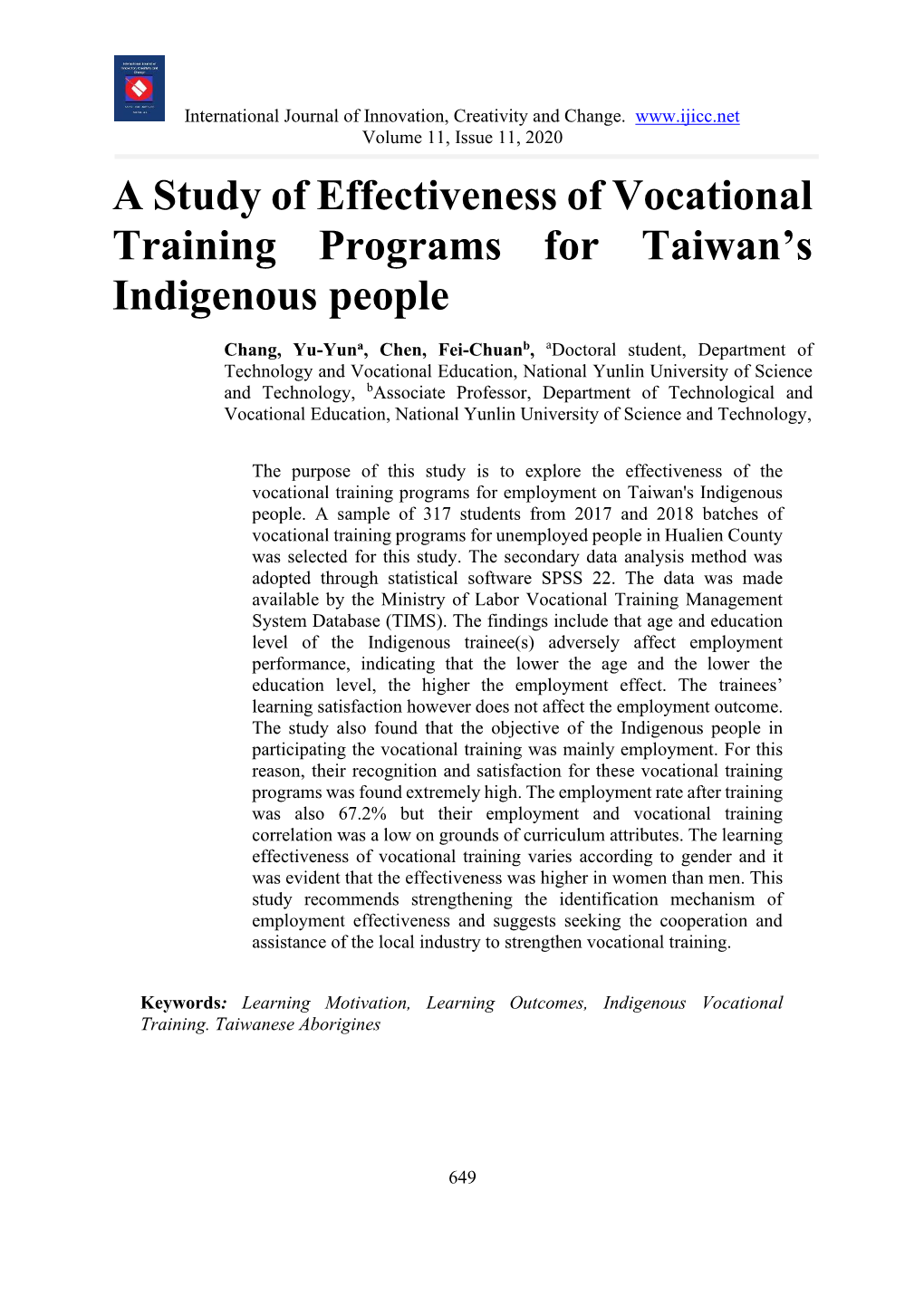 A Study of Effectiveness of Vocational Training Programs for Taiwan's