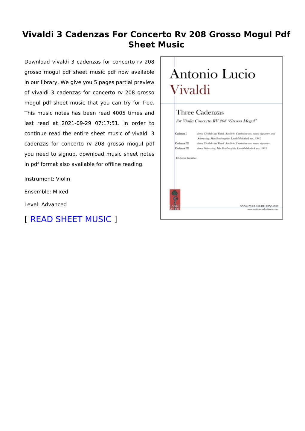 Vivaldi 3 Cadenzas for Concerto Rv 208 Grosso Mogul Pdf Sheet Music