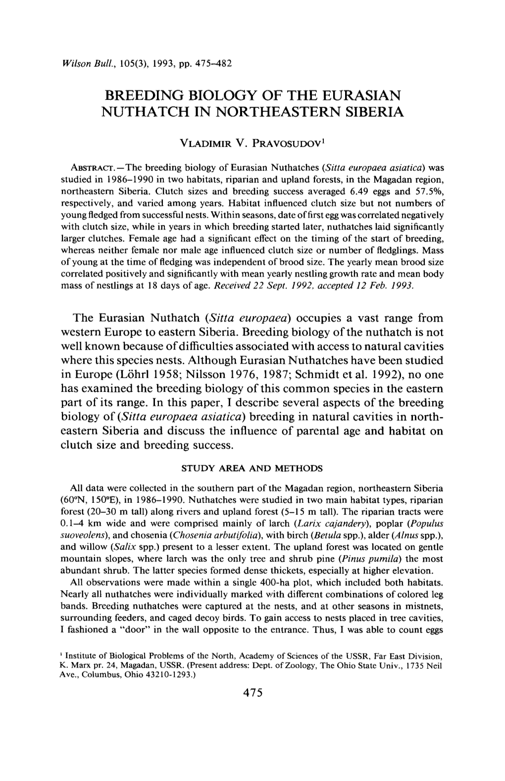 Breeding Biology of the Eurasian Nuthatch in Northeastern Siberia