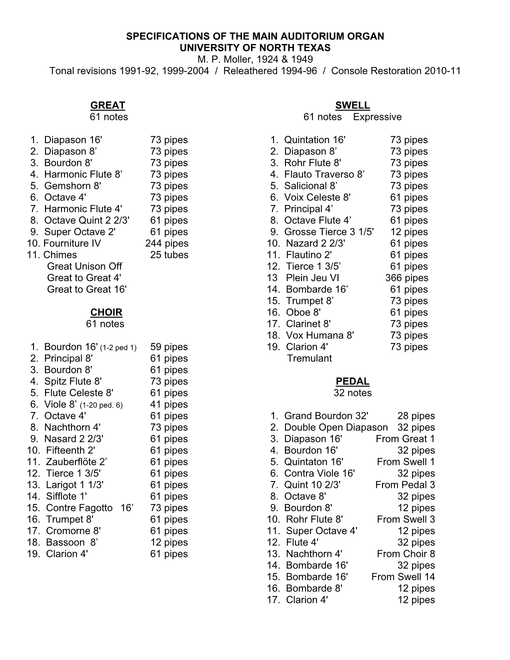 Specifications of the Main Auditorium Organ University of North Texas M