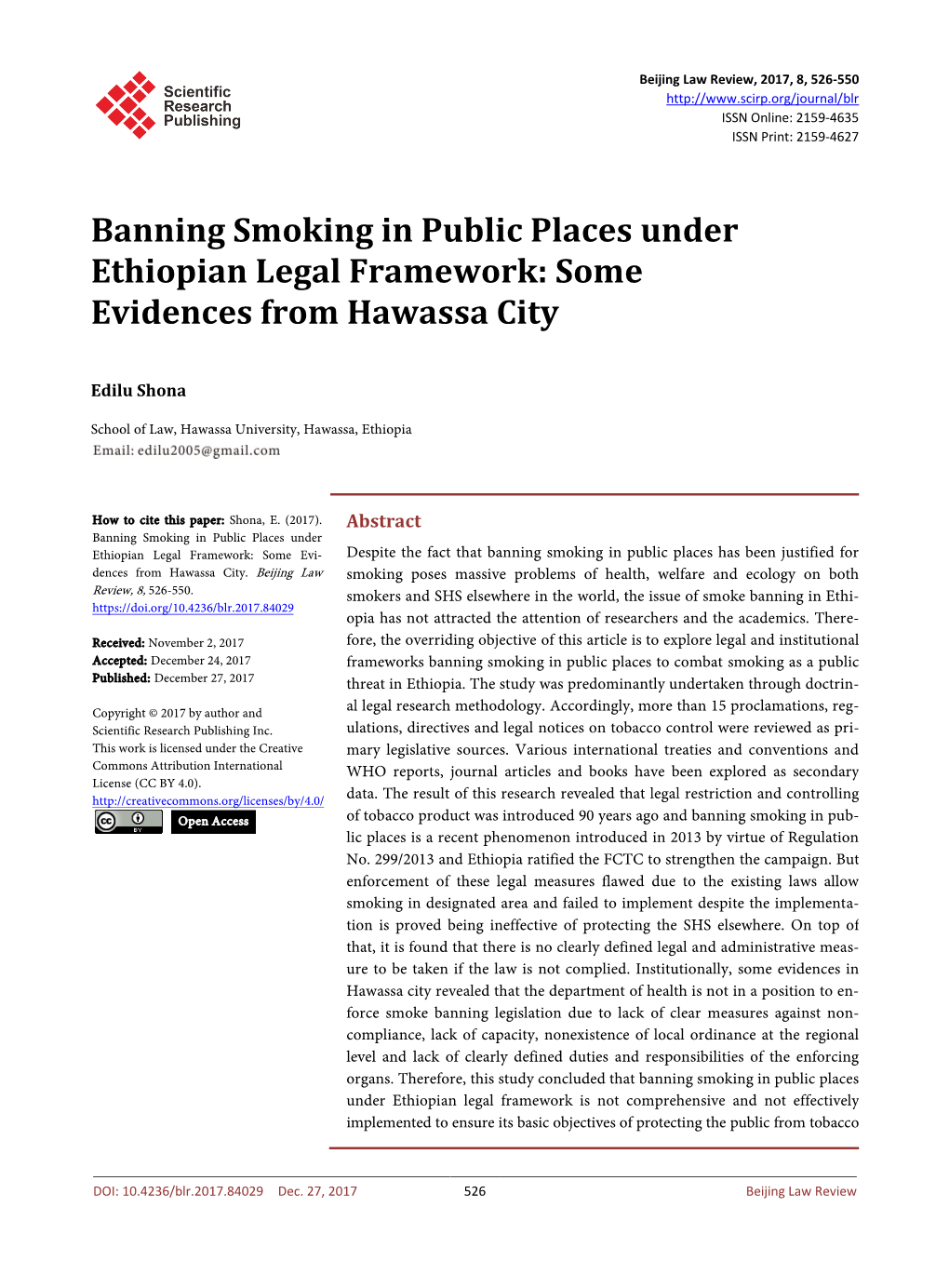 Banning Smoking in Public Places Under Ethiopian Legal Framework: Some Evidences from Hawassa City
