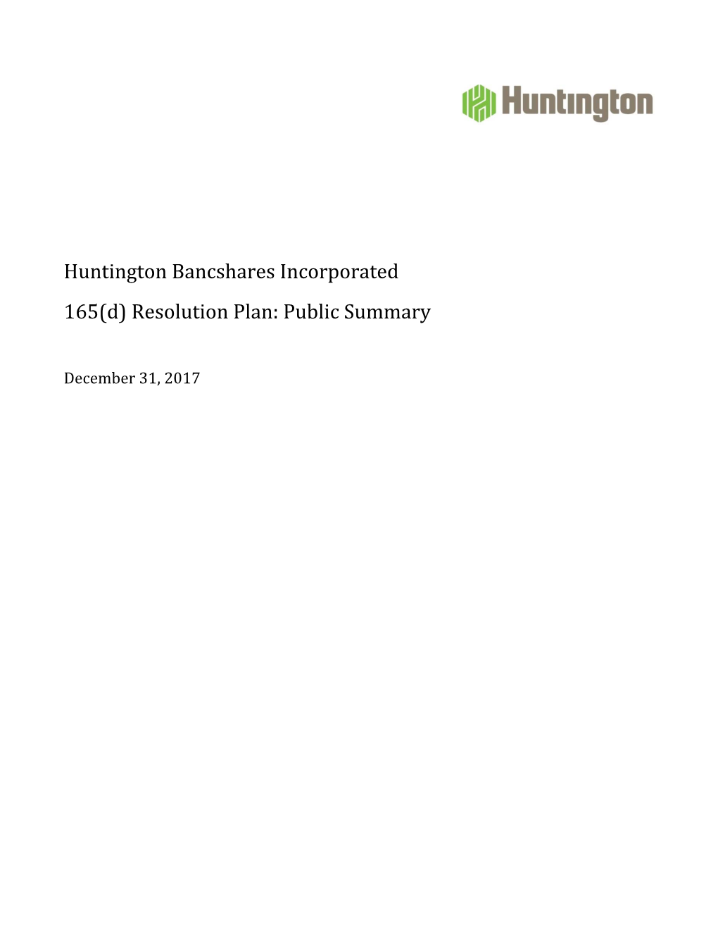 Huntington Bancshares Incorporated 165(D) Resolution Plan: Public Summary