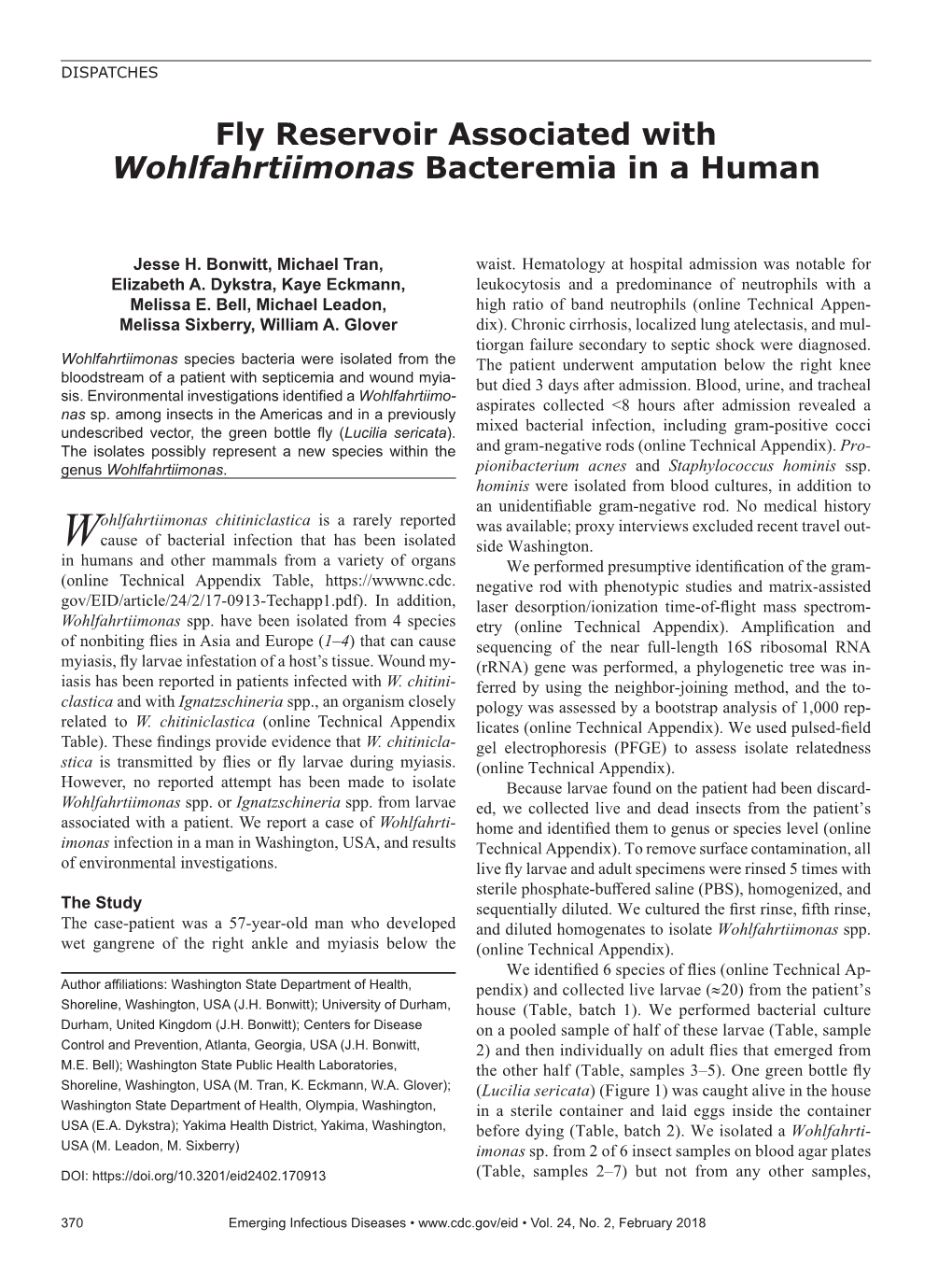 Fly Reservoir Associated with Wohlfahrtiimonas Bacteremia in a Human