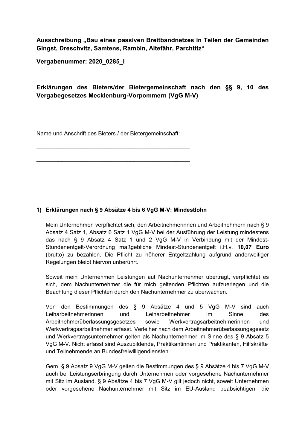 Ausschreibung „Bau Eines Passiven Breitbandnetzes in Teilen Der Gemeinden Gingst, Dreschvitz, Samtens, Rambin, Altefähr, Parchtitz“