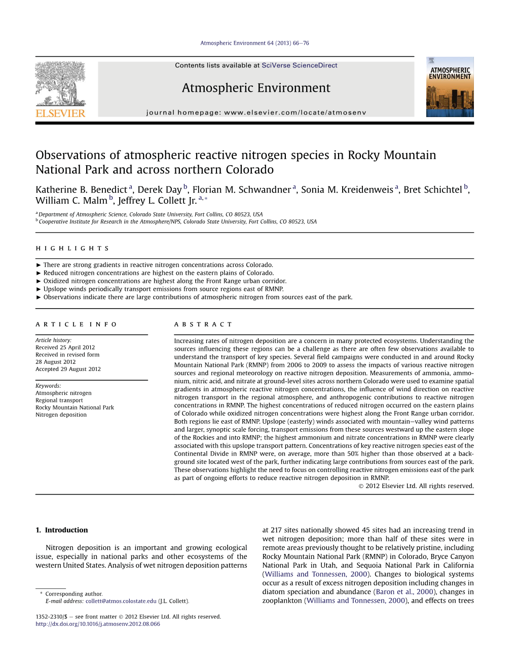 Observations of Atmospheric Reactive Nitrogen Species in Rocky Mountain National Park and Across Northern Colorado