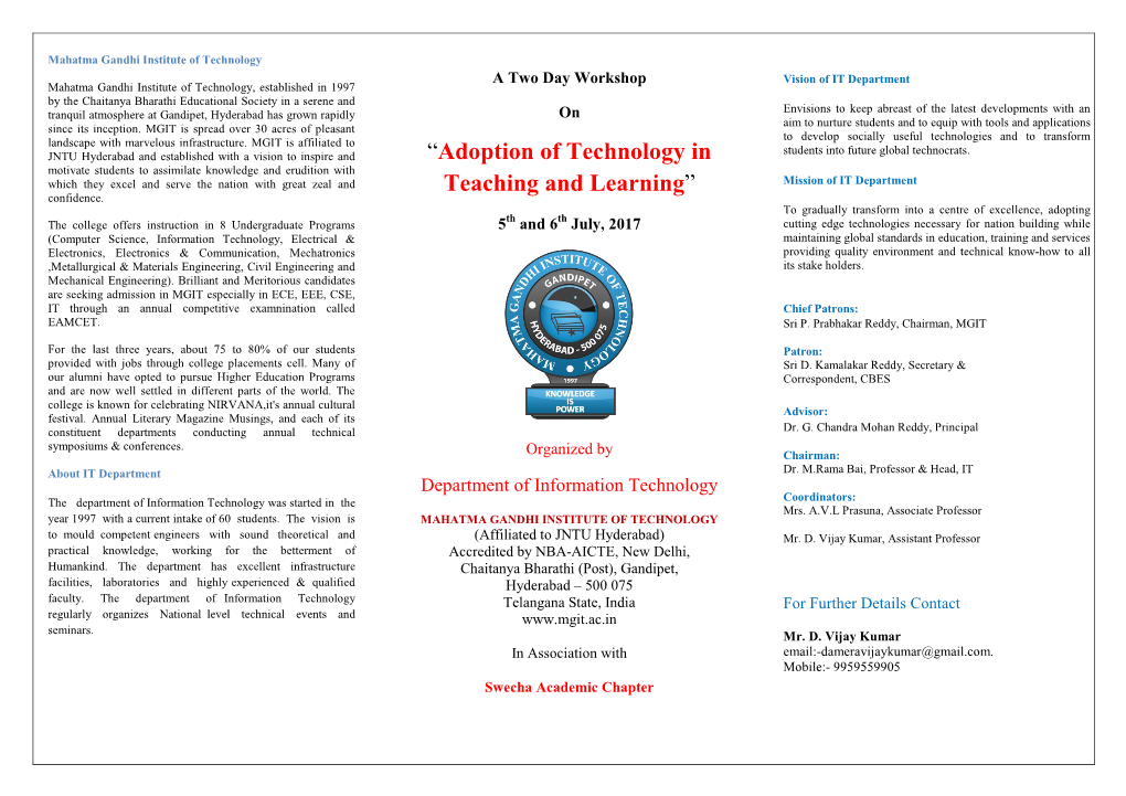 Two Day Workshop on " Adoption of Technology in Teaching and Learning"