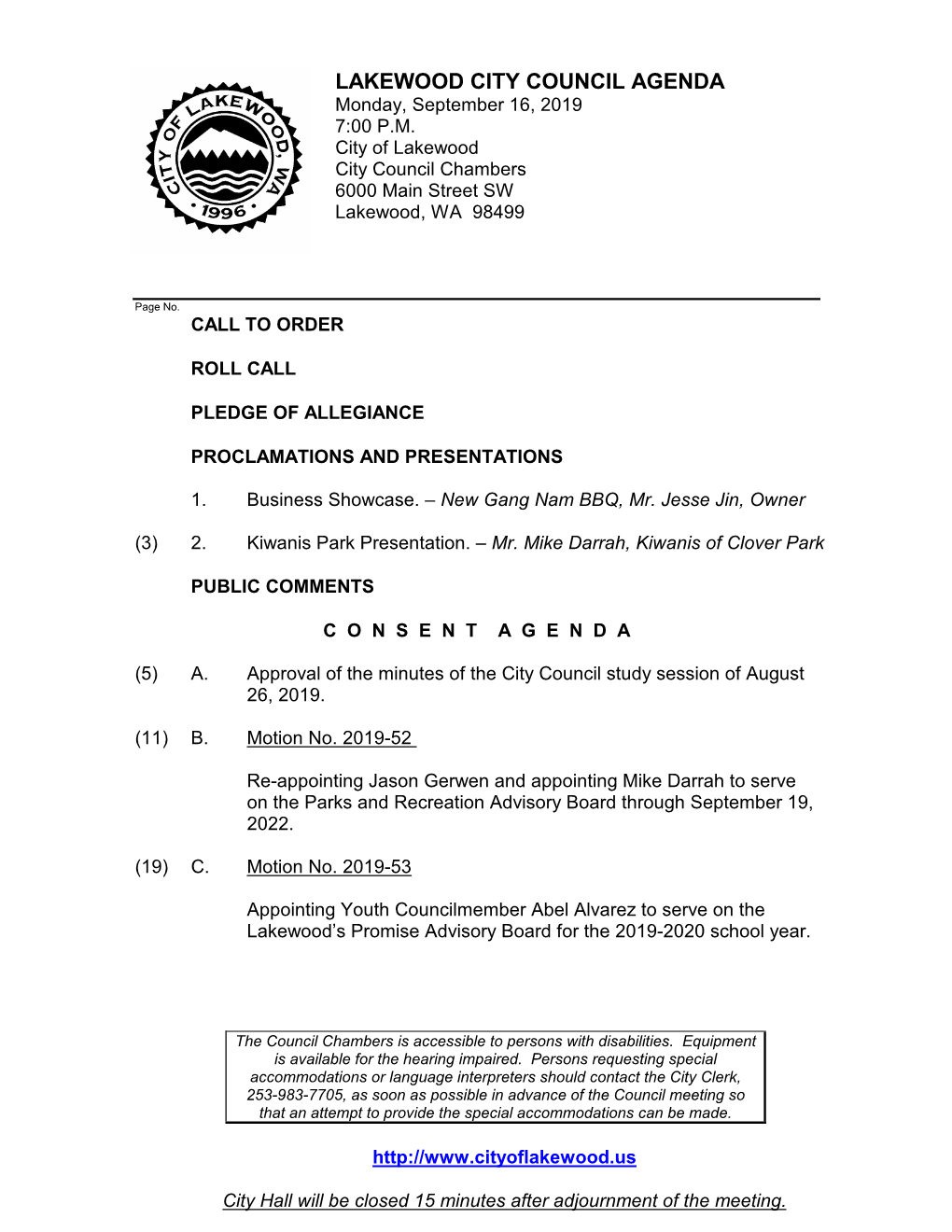 LAKEWOOD CITY COUNCIL AGENDA Monday, September 16, 2019 7:00 P.M