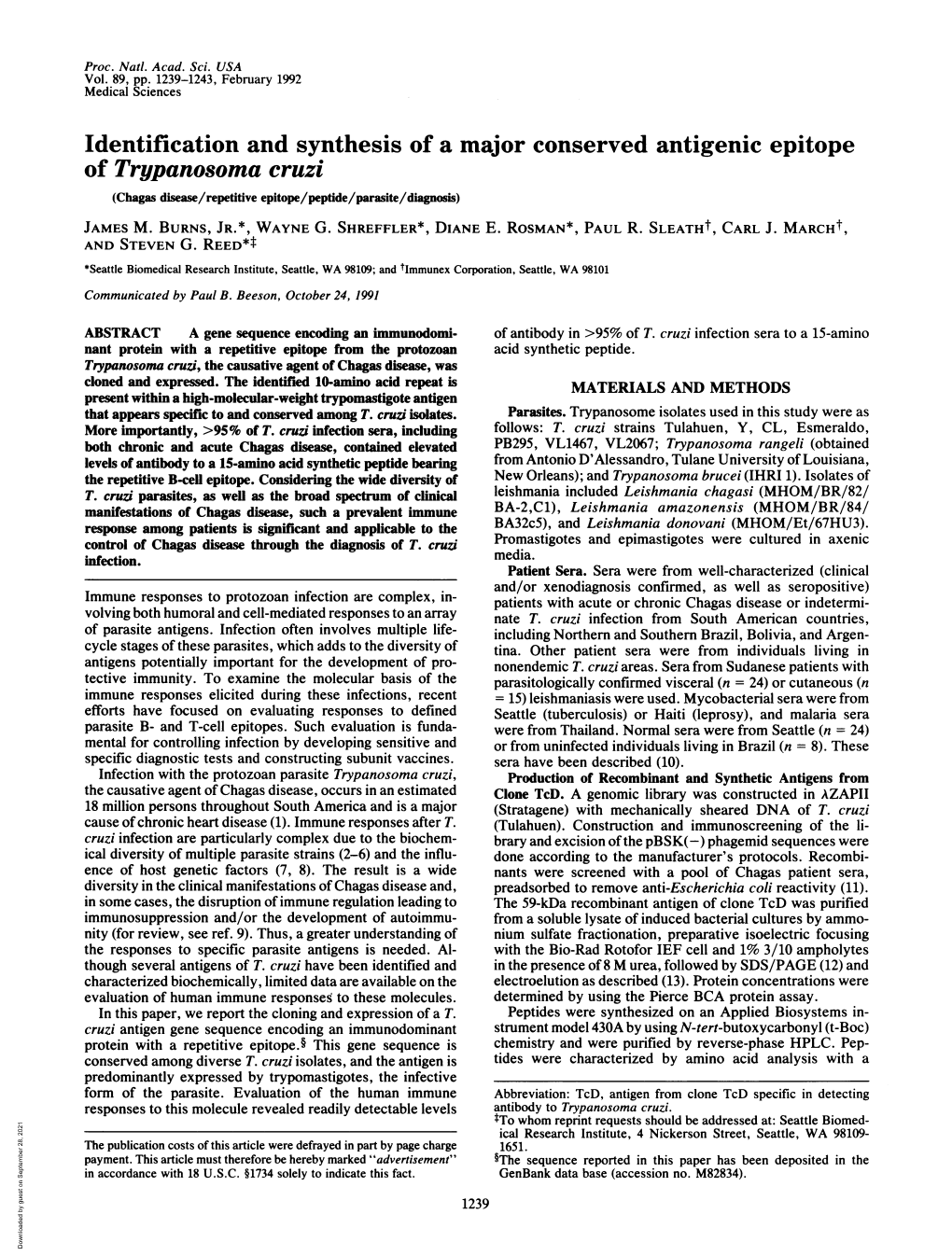 Identification and Synthesis of a Major Conserved Antigenic Epitope of Trypanosoma Cruzi (Chagas Disease/Repetifive Epitope/Peptide/Parasite/Diagnosis) JAMES M