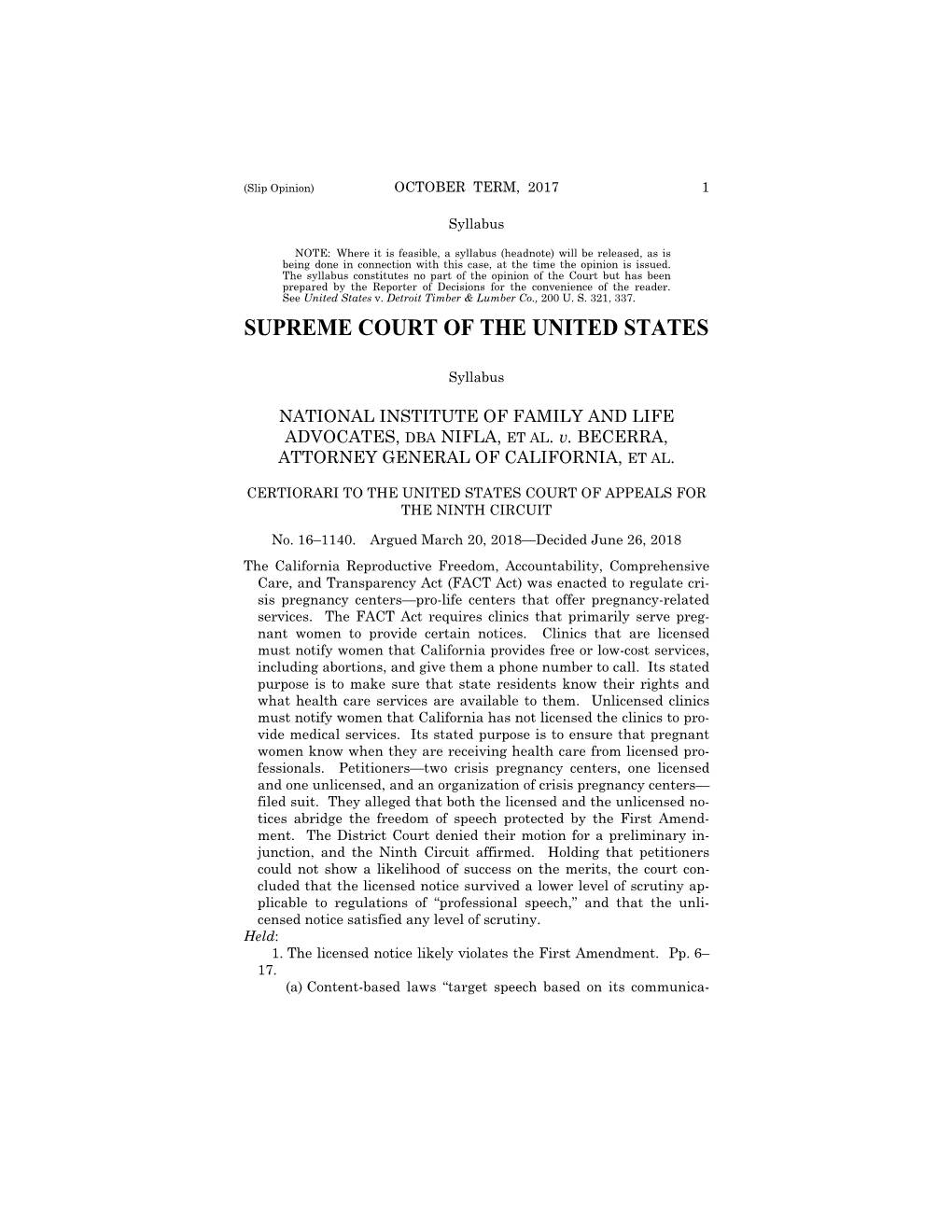 16-1140 National Institute of Family and Life Advocates V. Becerra (06