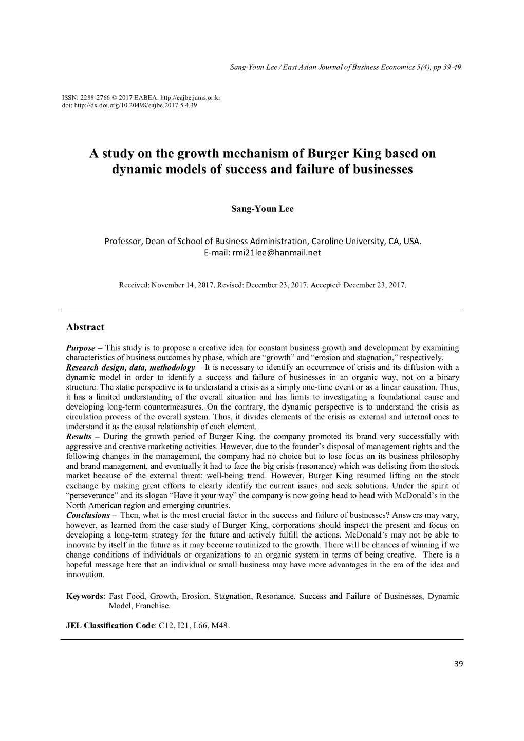 A Study on the Growth Mechanism of Burger King Based on Dynamic Models of Success and Failure of Businesses