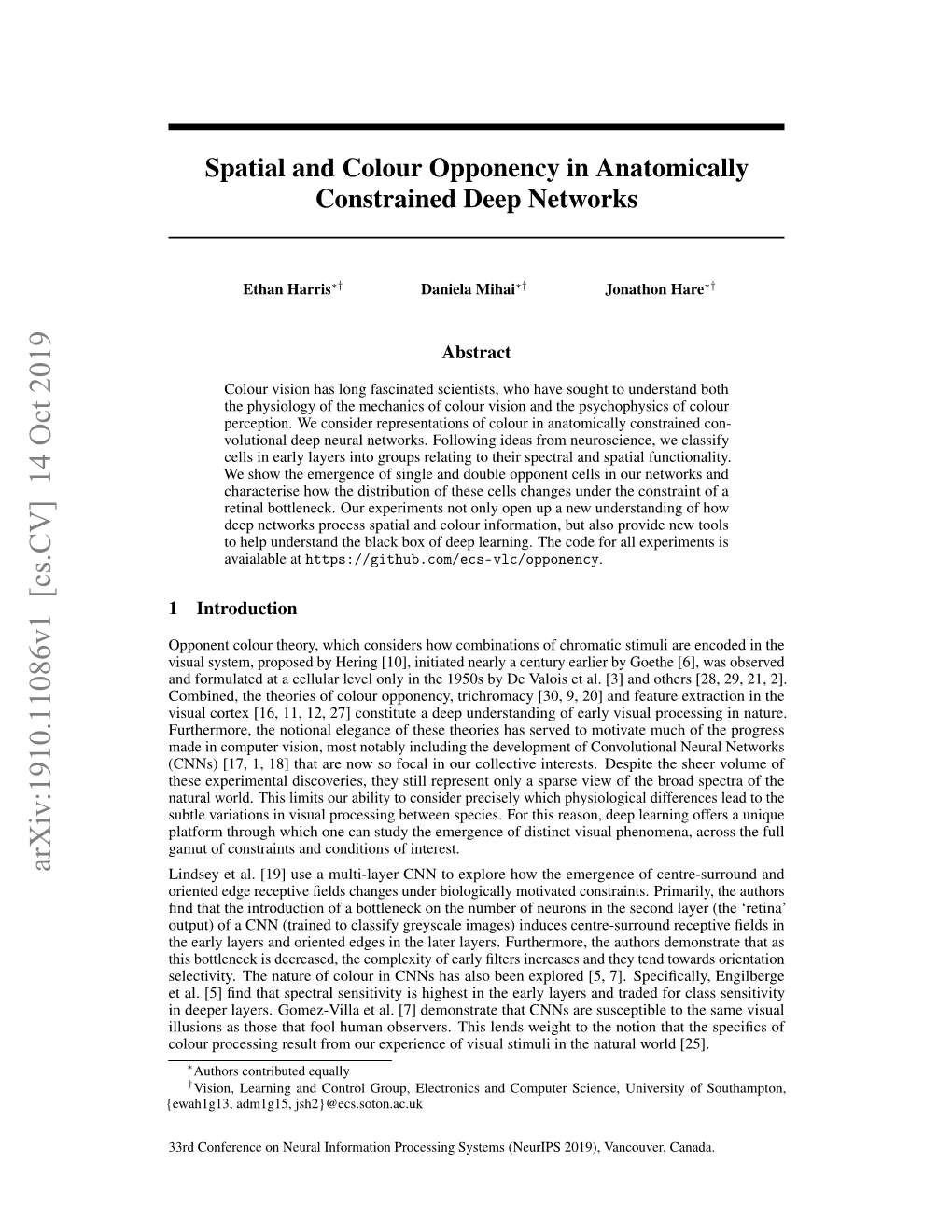Spatial and Colour Opponency in Anatomically Constrained Deep Networks
