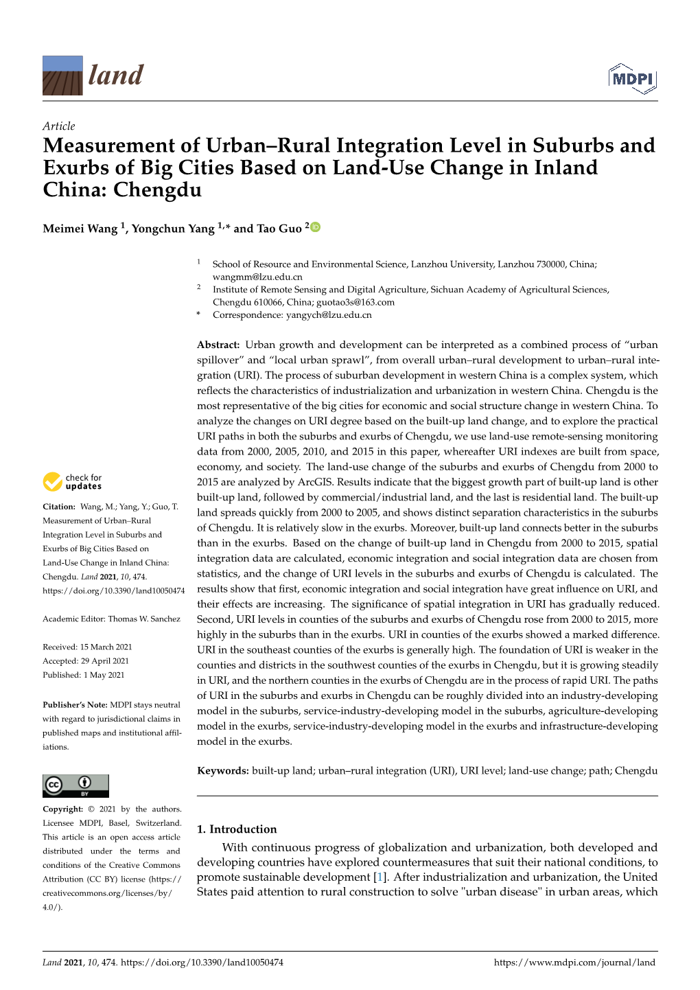 Measurement of Urban–Rural Integration Level in Suburbs and Exurbs of Big Cities Based on Land-Use Change in Inland China: Chengdu