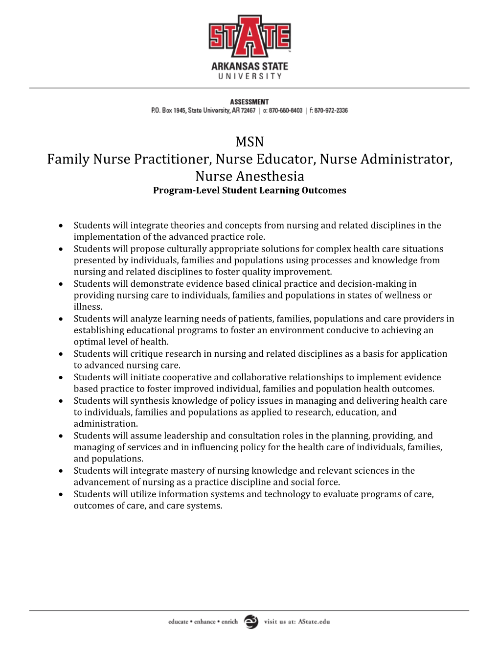 MSN Family Nurse Practitioner, Nurse Educator, Nurse Administrator, Nurse Anesthesia Program-Level Student Learning Outcomes