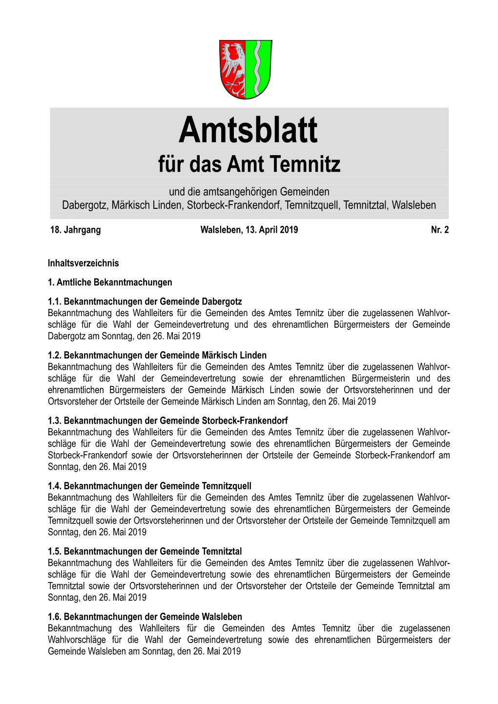 Amtsblatt Für Das Amt Temnitz Und Die Amtsangehörigen Gemeinden Dabergotz, Märkisch Linden, Storbeck-Frankendorf, Temnitzquell, Temnitztal, Walsleben