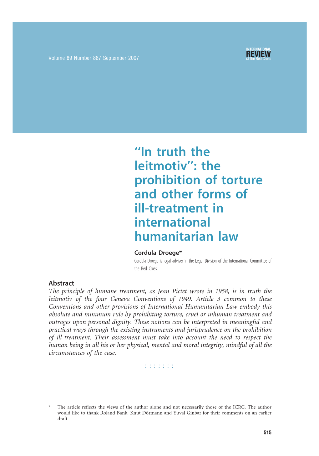 The Prohibition of Torture and Other Forms of Ill-Treatment in International