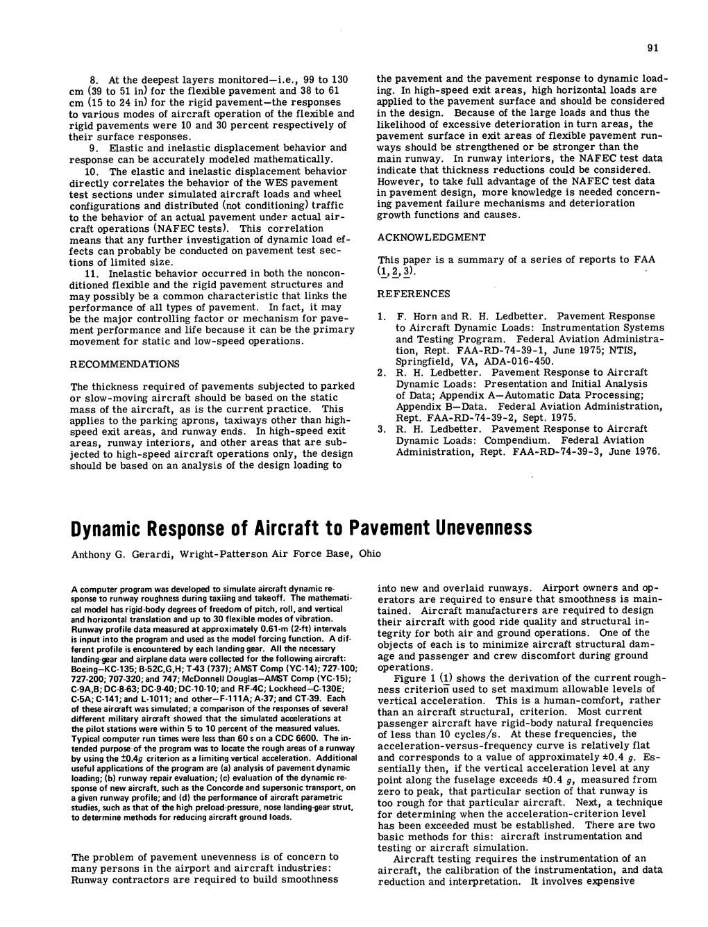 Dynamic Response of Aircraft to Pavement Unevenness Anthony G