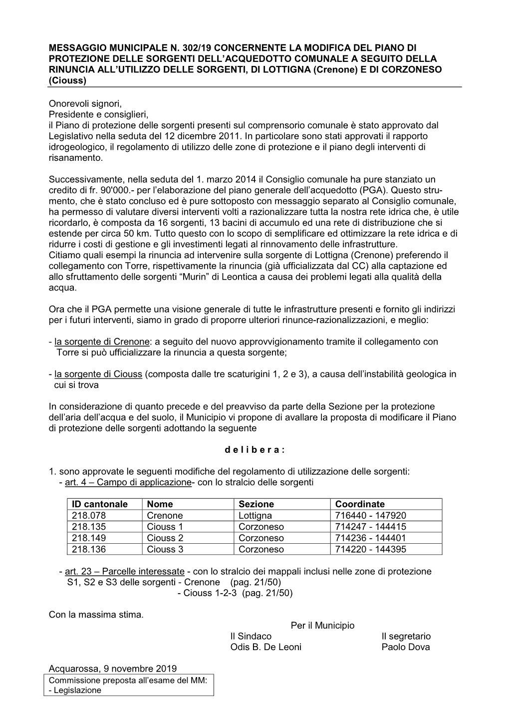 Messaggio Municipale N. 302/19 Concernente La Modifica